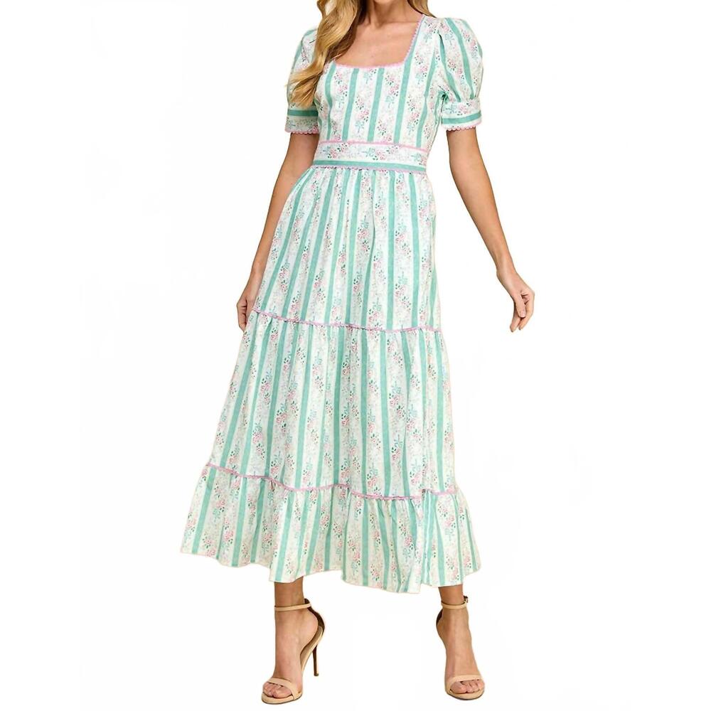 NEW TCEC puff sleeve midi dress in pastel floral stripe - Picture 4 of 5